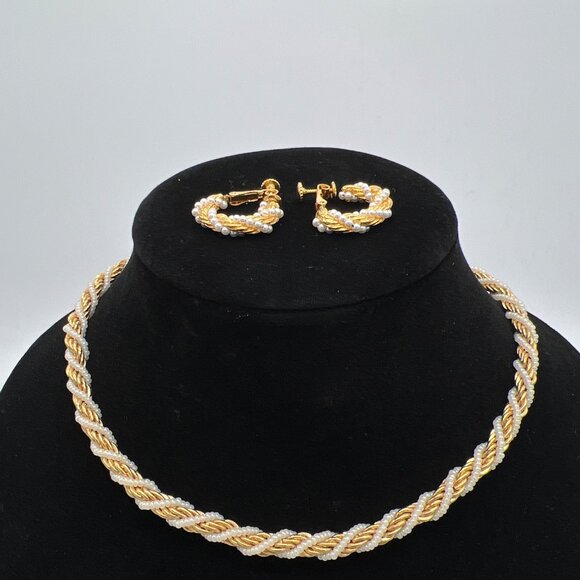 Trifari Gold-Tone & Faux Pearl Rope Necklace & Clip-On Earrings Set - Picture 1 of 6